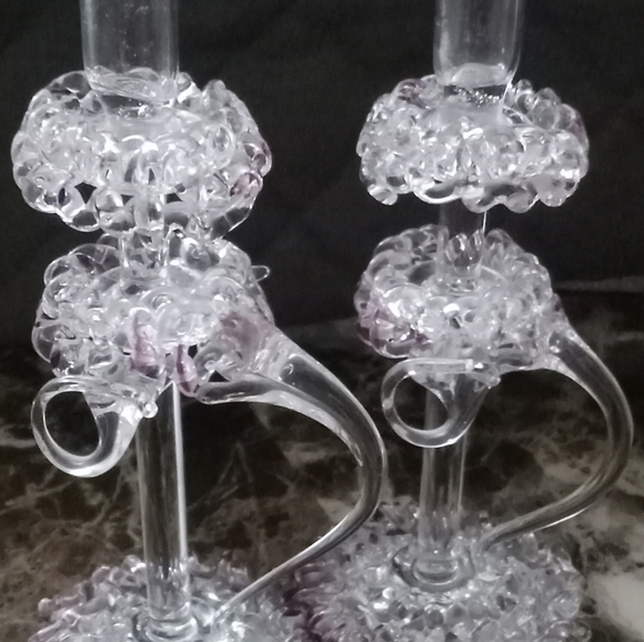 Set Of 3 Hand spun glass coffee pot w a purple accent with two candlesticks - Picture 5 of 13